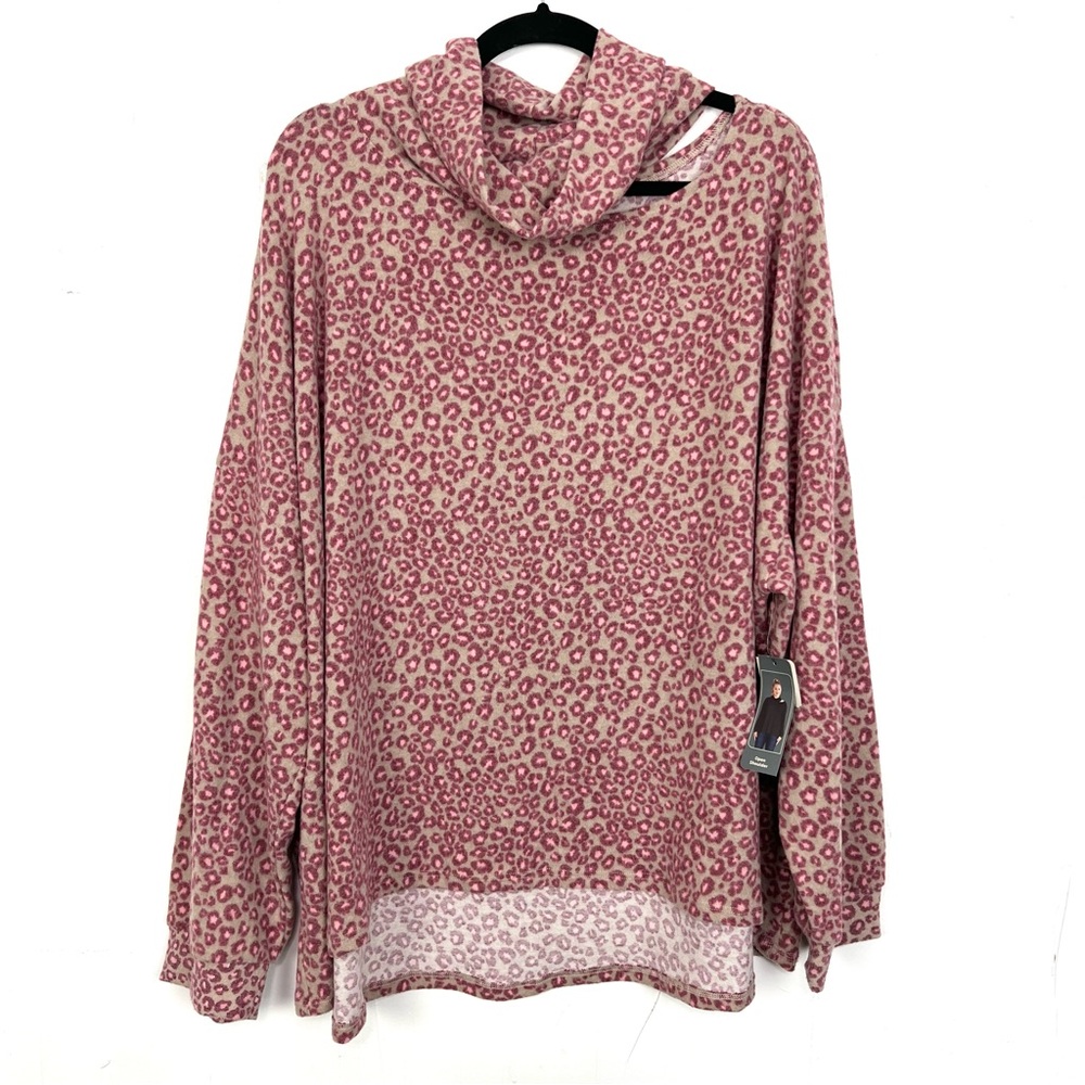 NWT Terra & Sky Sweater Open Shoulder Leopard Tan Pink Cowl Neck 4X 28W-30W